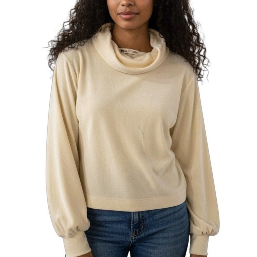 WALLFLOWER Cowl Neck Top Cream Velvety Soft Velour Cuffed Sleeves